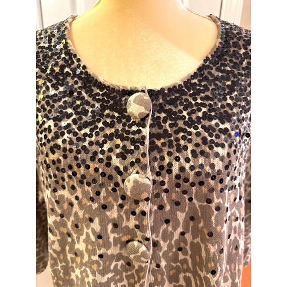 Chico's Sparkly Sequin Cardigan Sweater Sz 2/Large Black Brown Animal Print - Picture 2 of 8
